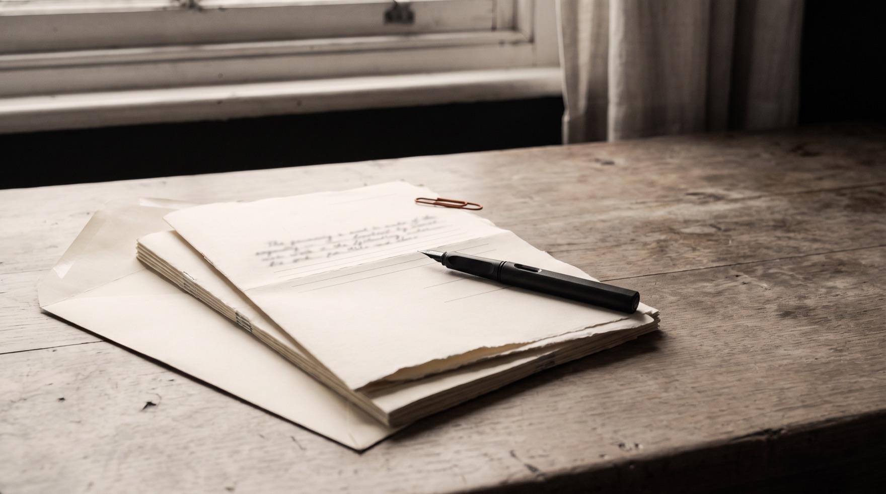 A thick set of stapled papers on a scrubbed table folded back at a page of soft unreadable handwriting, a fountain pen lying across it, a large envelope underneath and a copper paperclip at the top.