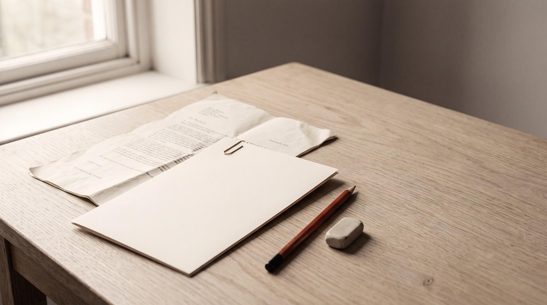 A document folded and refolded until its creases are soft, lying open by a window, with a fresh unmarked sheet laid across its lower half under a brass paperclip, and a terracotta pencil and a soft eraser beside it.