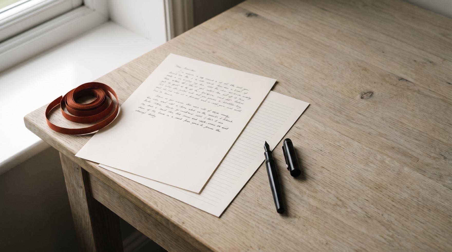 A sheet of cream laid paper covered halfway down with soft unreadable handwriting, a second sheet of blank ruled lines beneath it, an uncapped fountain pen alongside and a coil of terracotta ribbon at the corner of the table.