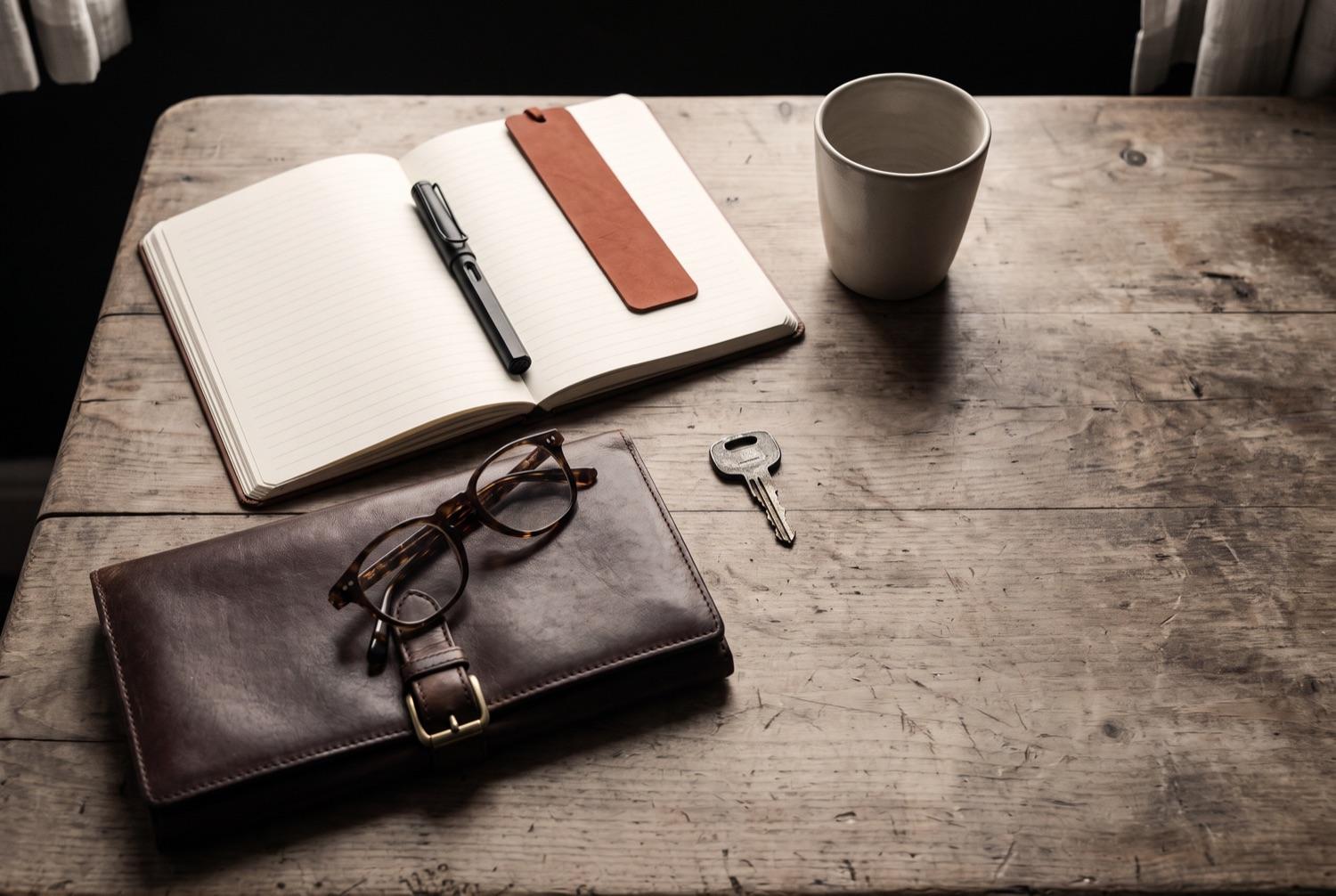 A buckled leather document wallet with a pair of reading glasses resting on it and a car key on the wood alongside, and behind them an open notebook of blank ruled pages with a fountain pen in the gutter, a terracotta bookmark and a plain cup.