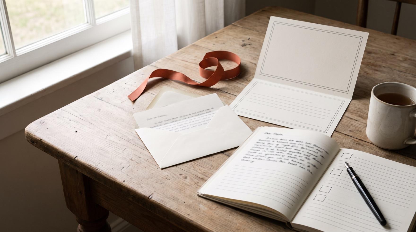 A kitchen table by a window with an envelope opened along the top and its letter half out, a stiff folded card standing open at blank ruled lines, a notebook of soft unreadable handwriting with three small empty boxes down the margin, a pen and a mug of tea.