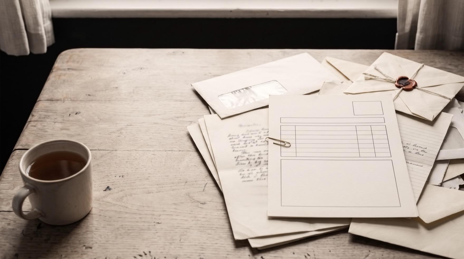 A heap of opened letters and window envelopes covering half a scrubbed table, a stiff unprinted form ruled into empty boxes lying on top of them, a brass paperclip holding two sheets together and a mug of tea gone cold at the near edge.