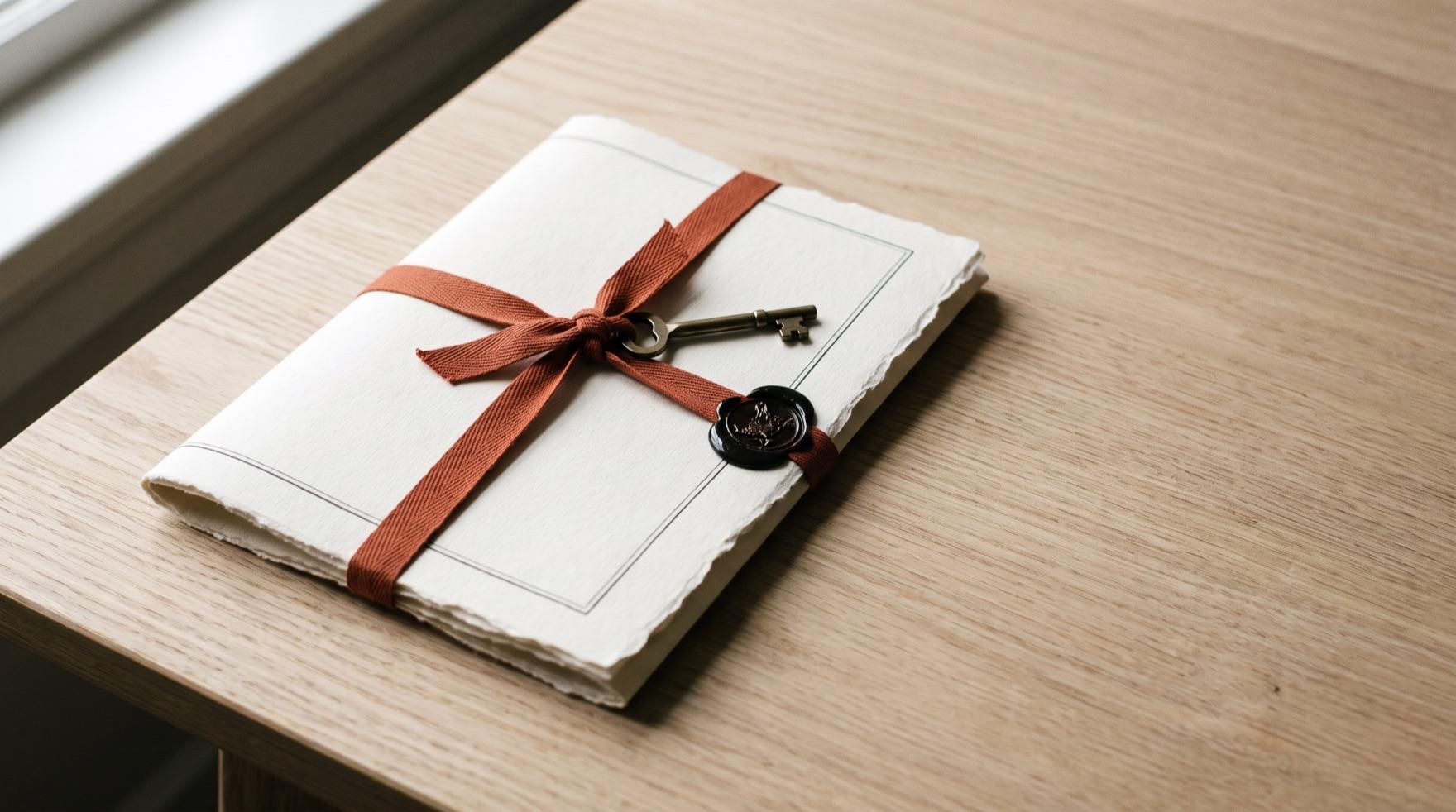A document folded in three and tied across with flat terracotta cotton tape, a small brass key tucked under the knot and a spot of dark sealing wax at the edge of the paper, on a pale oak desk left bare to the right.