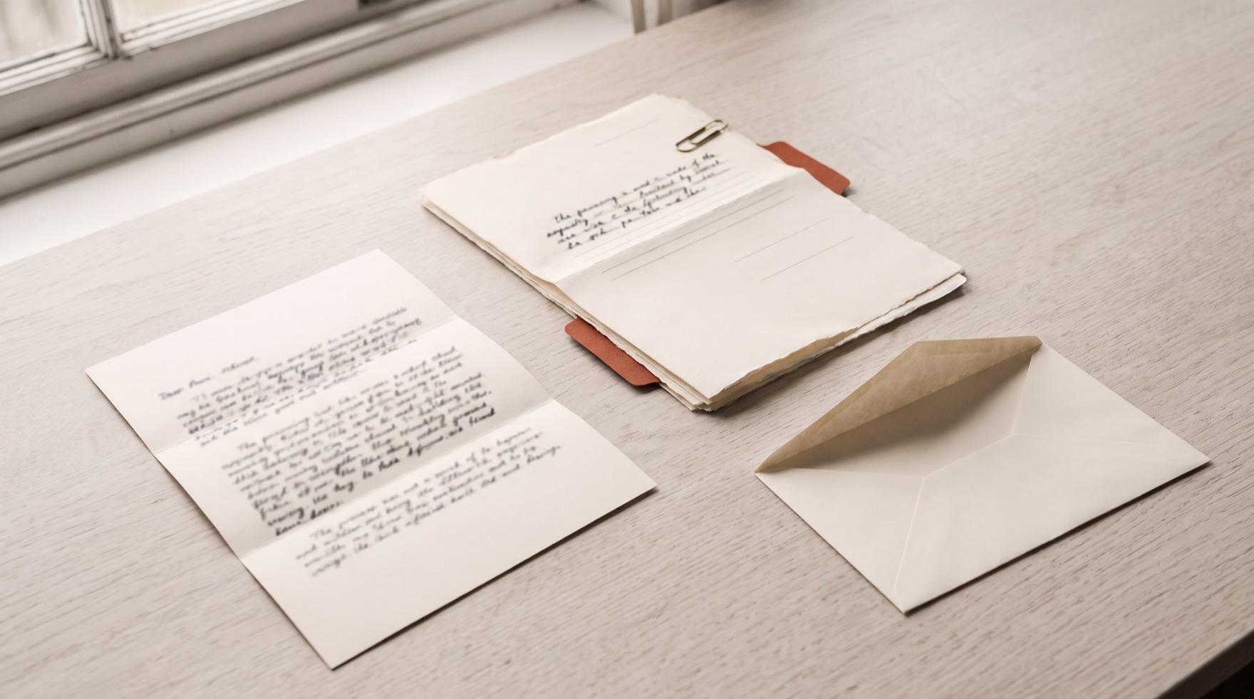 Two copies of one document on a pale desk, one lying flat and one folded into a bundle under a brass clip with terracotta tabs at its edge, and an opened envelope beside them.