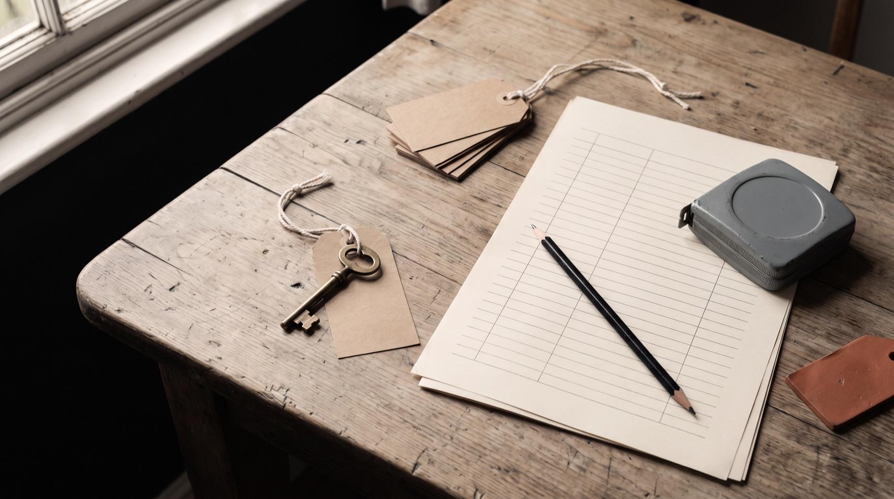A kitchen table with a door key on a brown paper tag, a small stack of blank tags threaded on string, a sheet ruled into empty columns with a pencil laid across it, and a tape measure lying closed and face down with no blade showing.