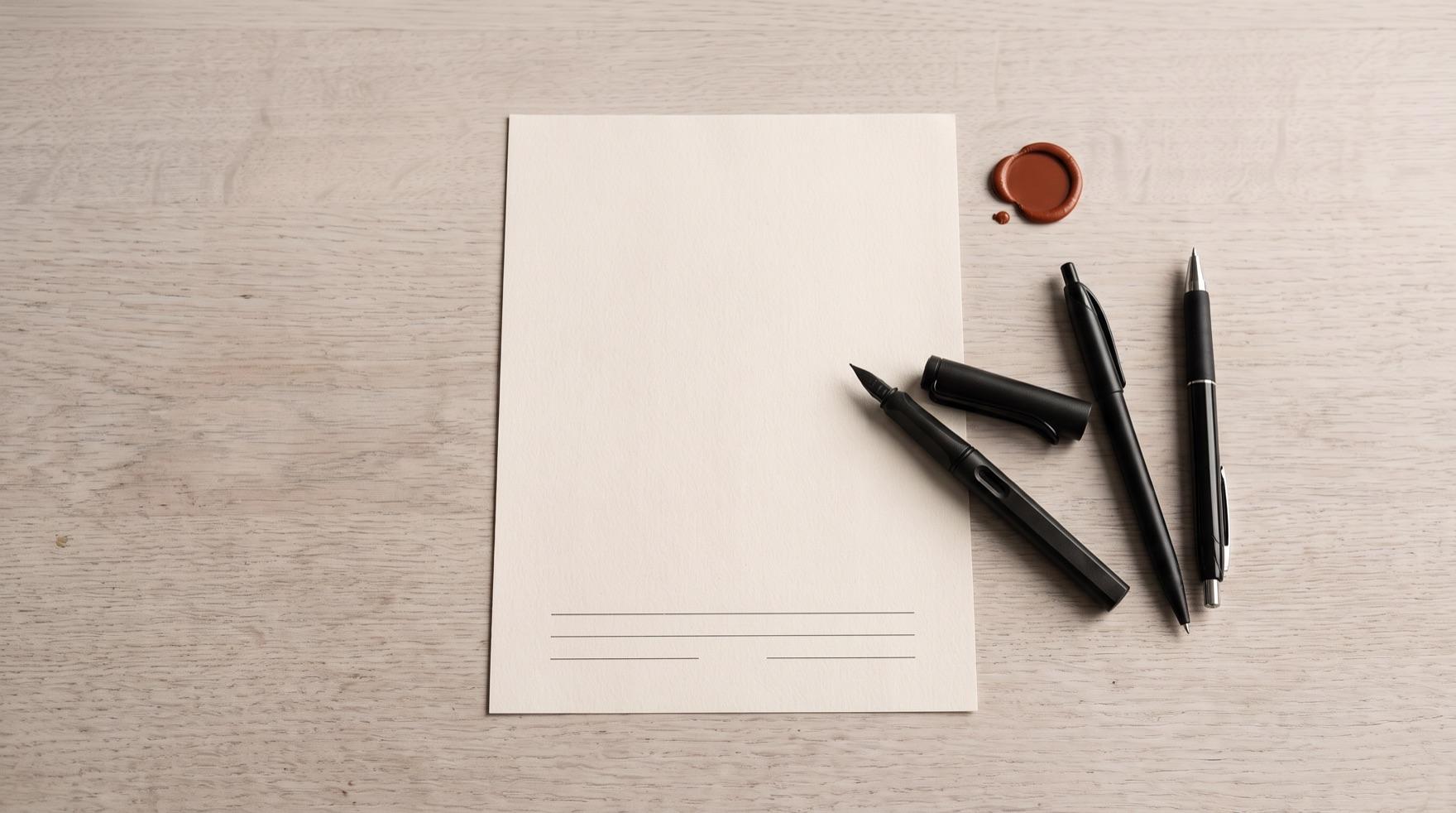 A single cream sheet on a pale desk with a panel of blank ruled lines at its foot, one long line above two shorter ones, three mismatched black pens set down beside it and a terracotta wax seal above them.