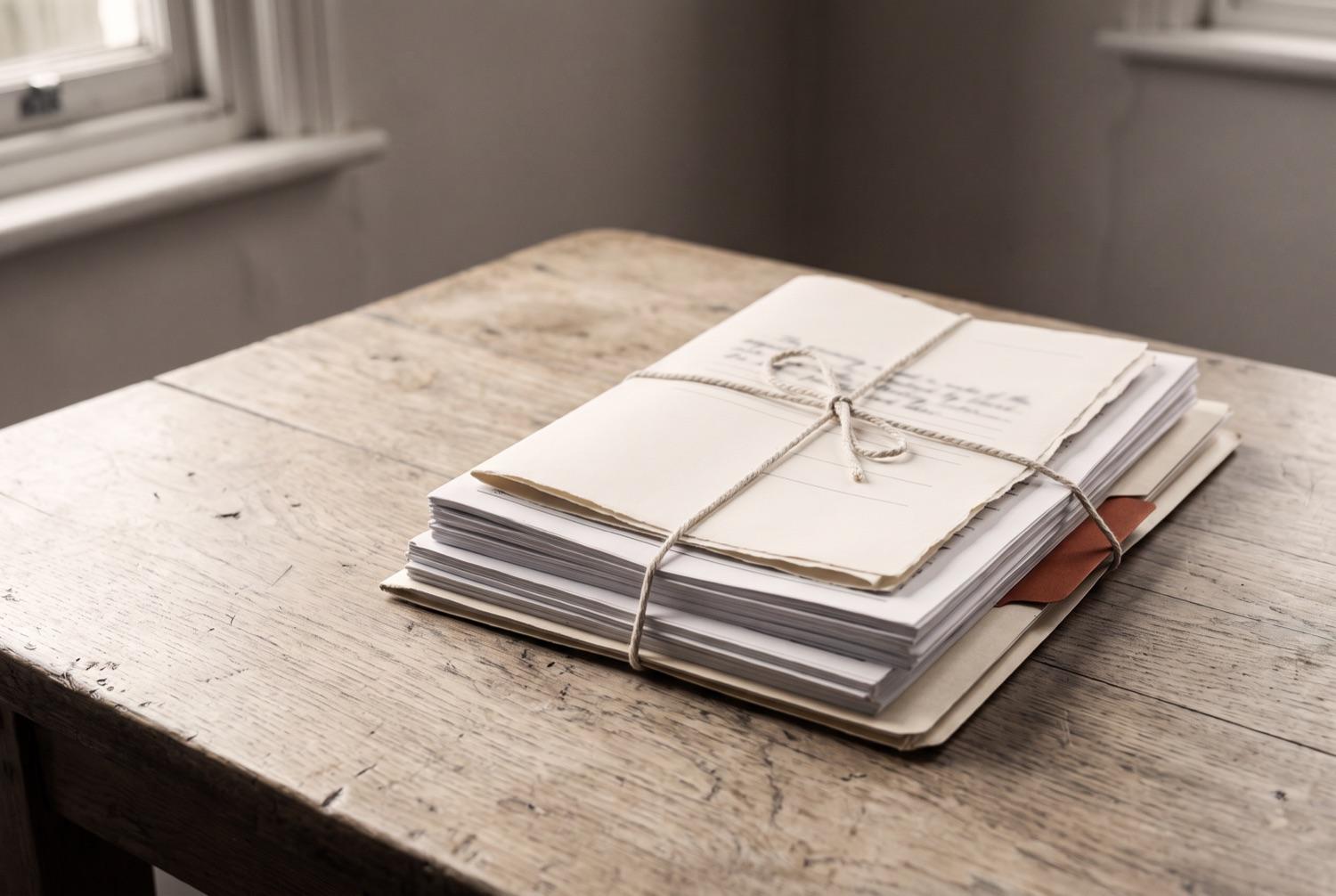 A stack of documents and a slim folder tied together as one parcel with cotton string, a terracotta tab showing at the folder's edge, sitting a little off centre on a scrubbed table with the wood bare to its left.