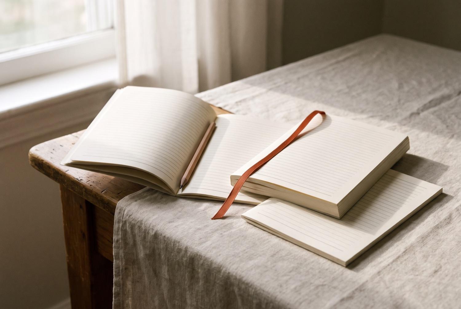 An open notebook of blank ruled pages resting on the corner of a table by a window, with a closed notebook and a slim ruled pad overlapping beside it on a linen cloth and a terracotta ribbon trailing across them.