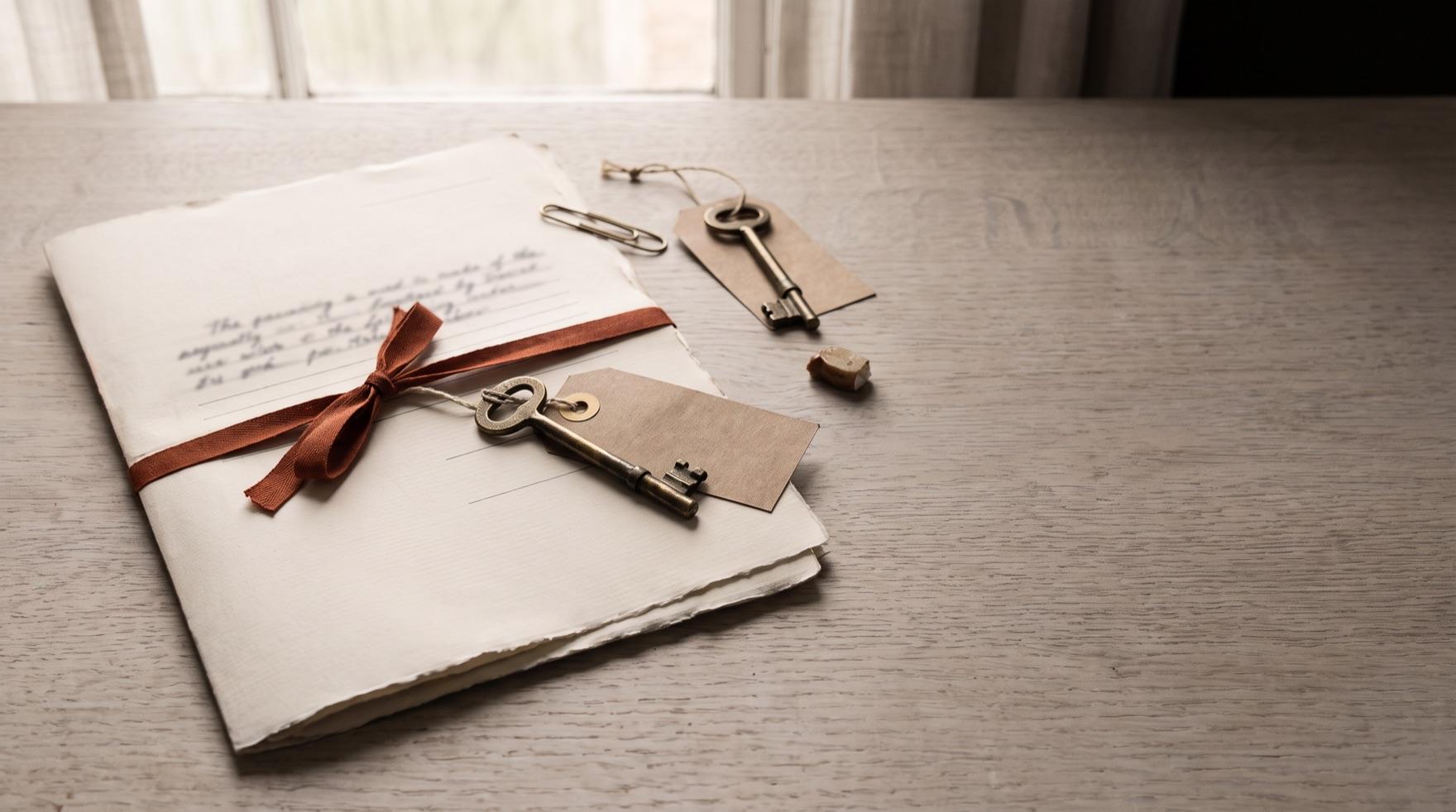 A document folded in three and tied with a terracotta ribbon, one door key on a brown paper tag resting on it and a second identical key on its own tag lying a little apart on the desk.