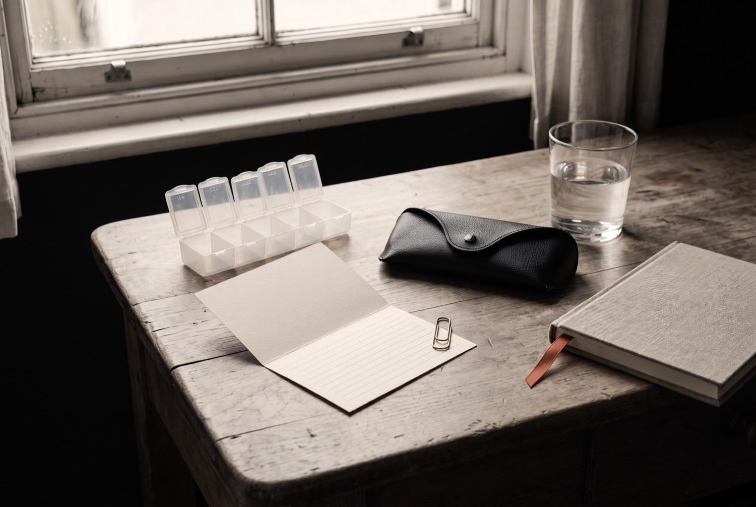 A bedside table under a sash window with a seven day pill organiser, its lids open and every compartment empty, a black spectacles case, a folded card of blank ruled lines under a small clip, a glass of water and a closed notebook with a terracotta ribbon.
