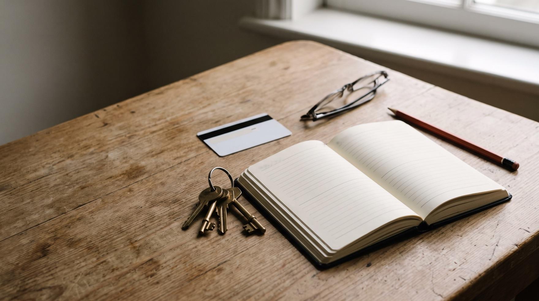 A kitchen table in window light holding a ring of brass keys, a diary open at blank ruled pages, a plain bank card lying face down, a pair of folded reading glasses and a pencil with a terracotta barrel.