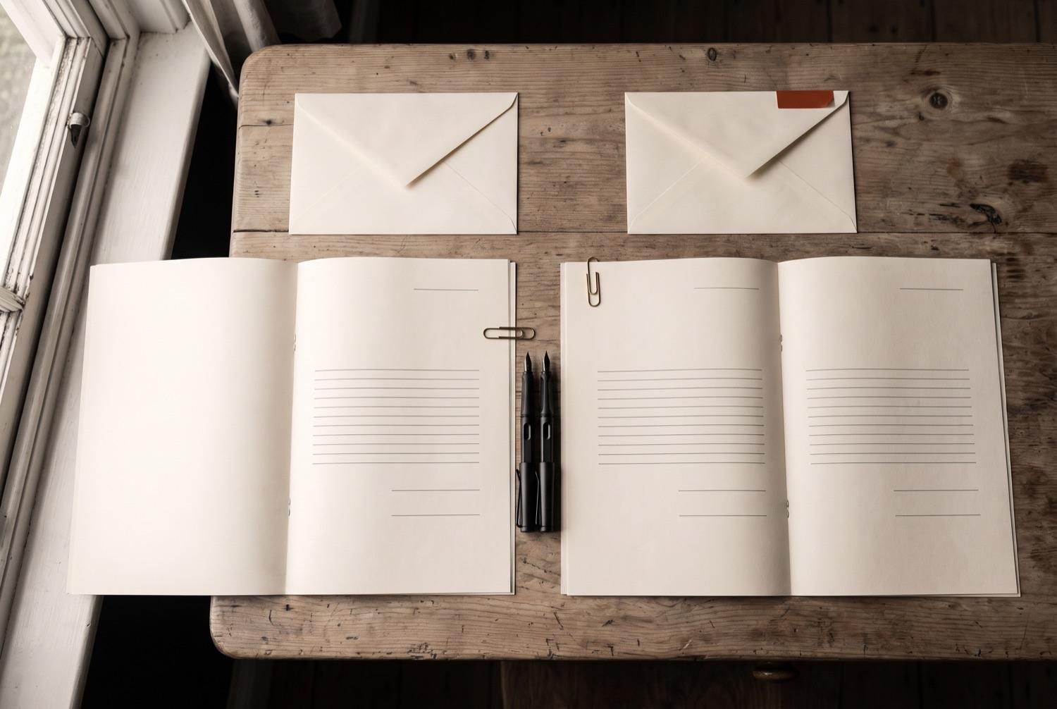 Two documents of the same length lying open side by side on a scrubbed table, each showing blank ruled lines, two black pens laid head to tail between them and two plain envelopes squared up above, one with a small terracotta tab at its corner.