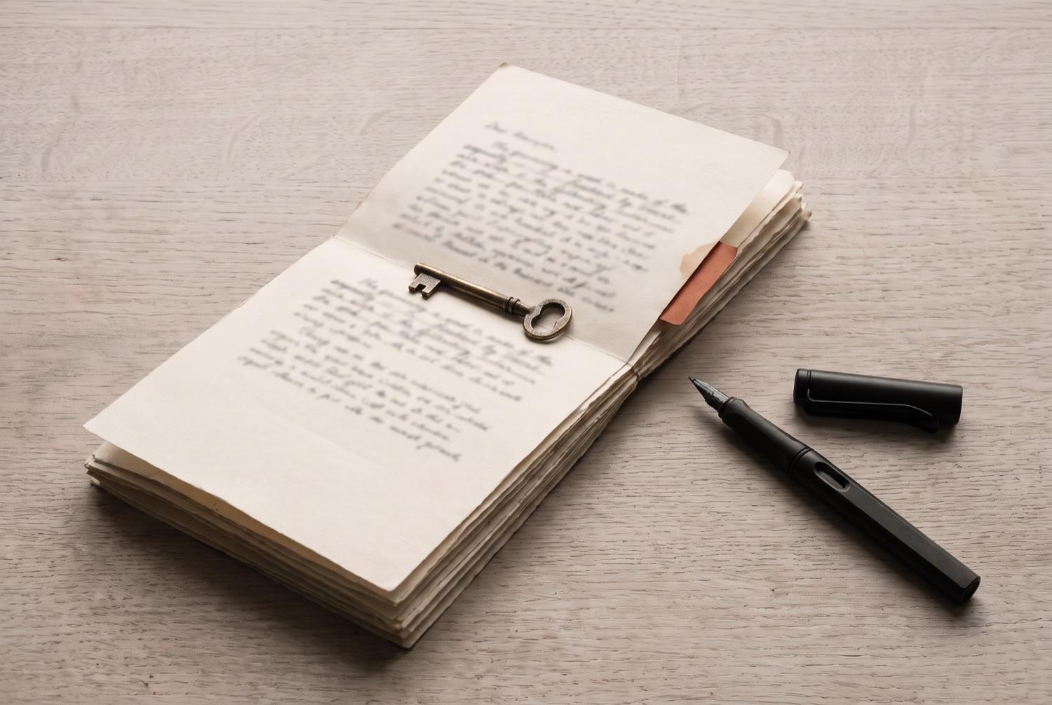 A thick folded document lying open, its pages carrying soft unreadable handwriting, held flat by a small brass key laid across the fold, a terracotta paper tab marking a page and an uncapped black fountain pen beside it.