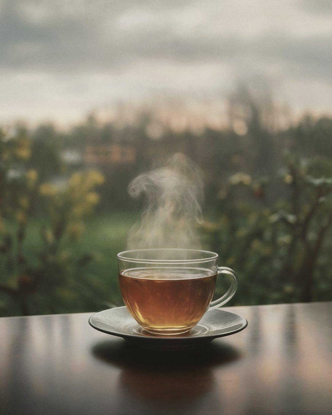 A steaming glass cup of tea on a saucer by a window, a garden blurred beyond
