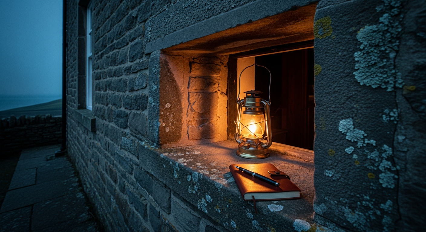 A lantern lit in the deep window of a Yorkshire stone cottage at twilight — a notebook and pen resting on the windowsill